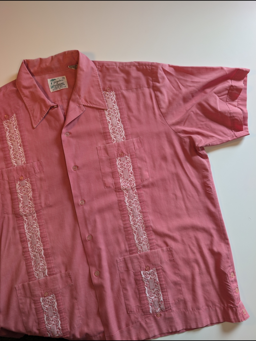 Vintage Haband Guayabera Shirt Pink Short Sleeve Embroidered 2XL Cuban